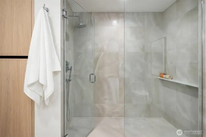 Primary Bathroom with Curbless Shower and Built-in Cabinetry for Storage Primary Bathroom with Curbless Shower and Built-in Cabinetry for Storage