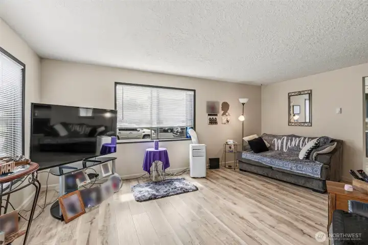 Unit 1 and 3 feature identical floor plans, offering a spacious living room updated with new flooring, fresh paint, and modern light fixtures.