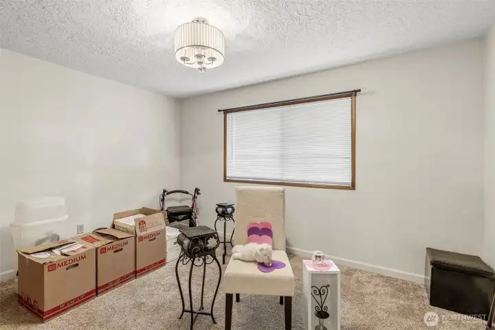 Generously sized first bedroom boasting brand-new flooring, crisp paint, and modern lighting throughout