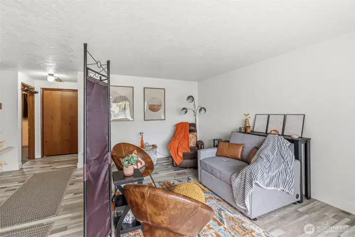 Units 2 and 4 feature an identical layout, showcasing a spacious living room updated with new flooring and modern light fixtures as seen from the front entry.