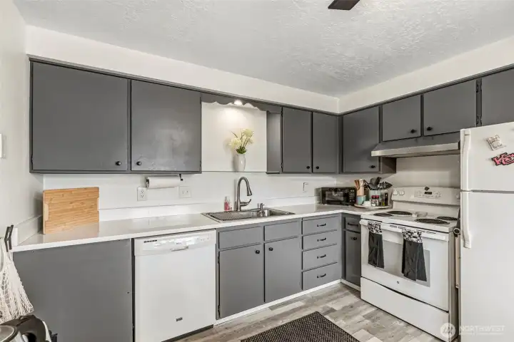 Beautifully remodeled kitchen featuring brand-new appliances, updated flooring, a modern light fixture, and fresh paint.