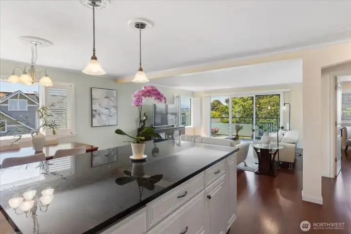 Large island provides plenty of prep space and storage. Large island provides plenty of prep space and storage.