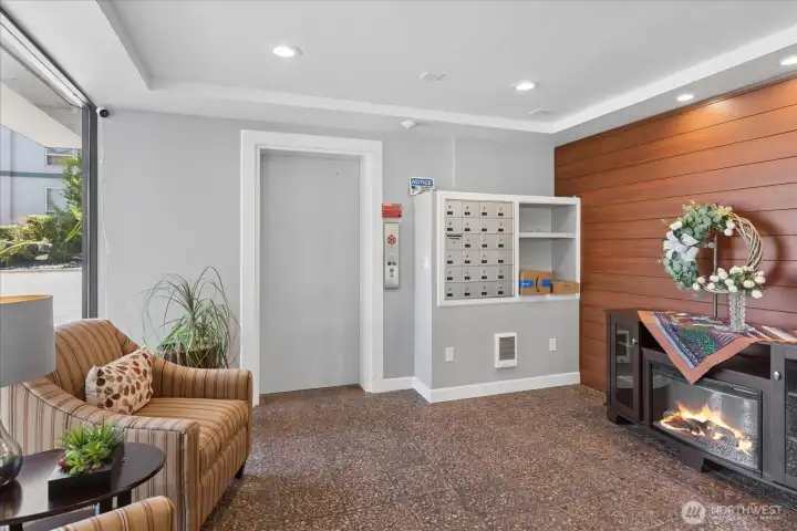Secure lobby; elevator. Secure lobby; elevator.