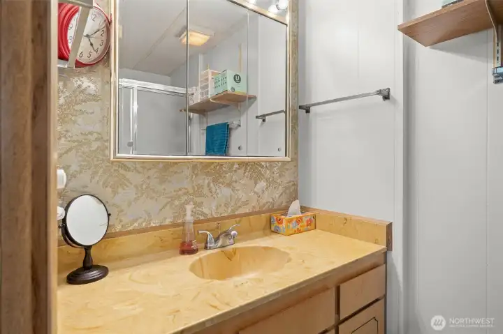 Primary bath with sink and shower. Primary bath with sink and shower.