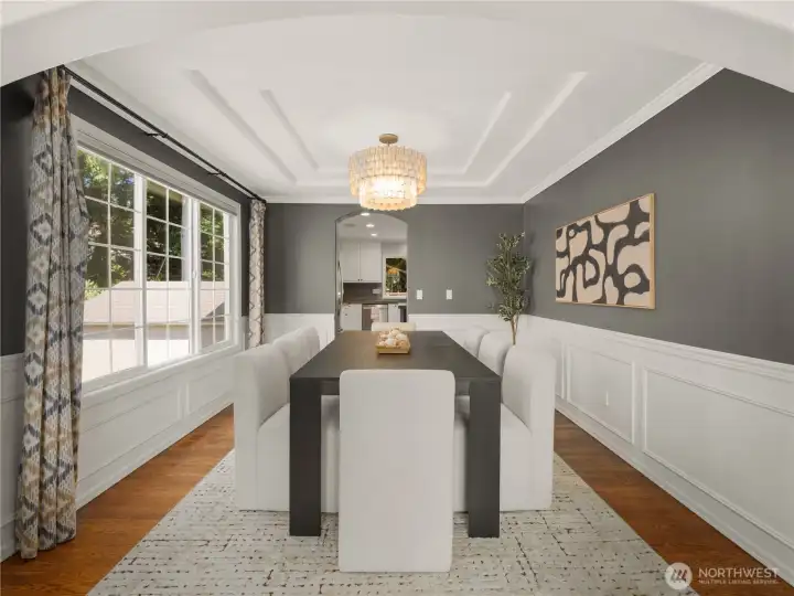 From hosting holiday dinners to enjoying everyday meals, this beautifully appointed dining room provides an inviting setting with elegant architectural details, abundant natural light, and a seamless connection to the adjacent living spaces. From hosting holiday dinners to enjoying everyday meals, this beautifully appointed dining room provides an inviting setting with elegant architectural details, abundant natural light, and a seamless connection to the adjacent living spaces.
