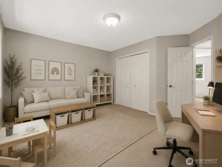 Another option for this bedroom/bonus room. This image has been virtually staged using AI. Another option for this bedroom/bonus room. This image has been virtually staged using AI.