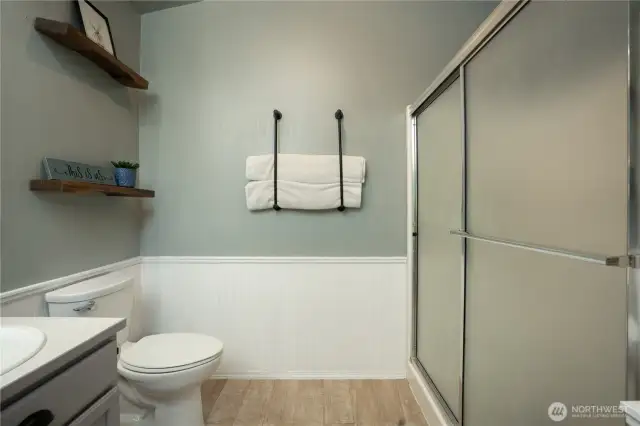 Primary bath with shower enclosure.