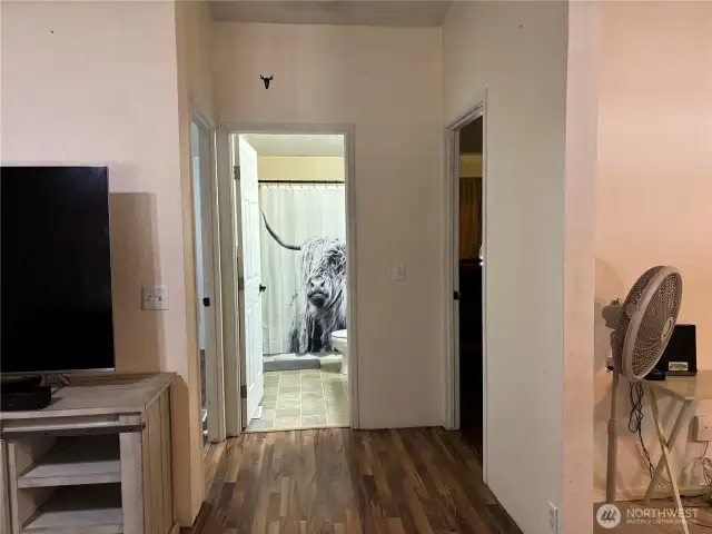 Short hallway off Rec room; main bath and 2 bedrooms.