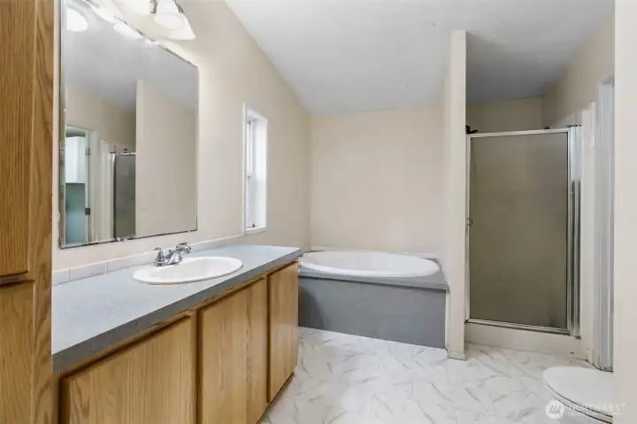 Master bath with large soaking tub & stand up shower.