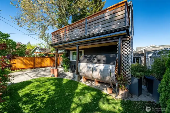The front of the home features a large west facing deck.