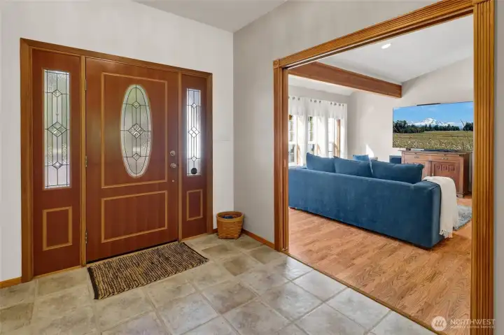 The great room is to the right of the entry