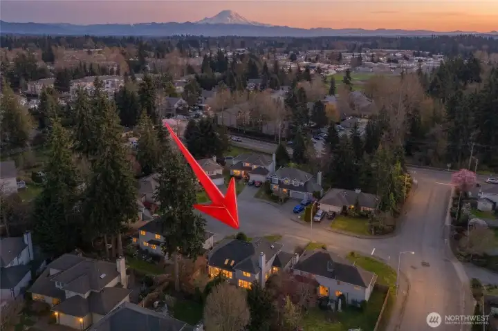 Sunset high view of home along with Mount Rainier.