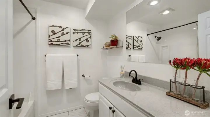 Hall full bathroom, serving other 3 bedrooms, features a Solartube for added natural light.