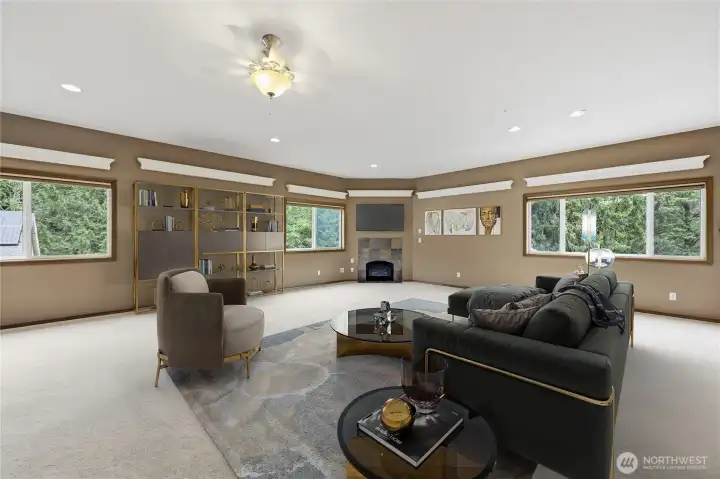 Virtually staged representation of the great room. an enormous room which could easily fit a couple of pool tables!