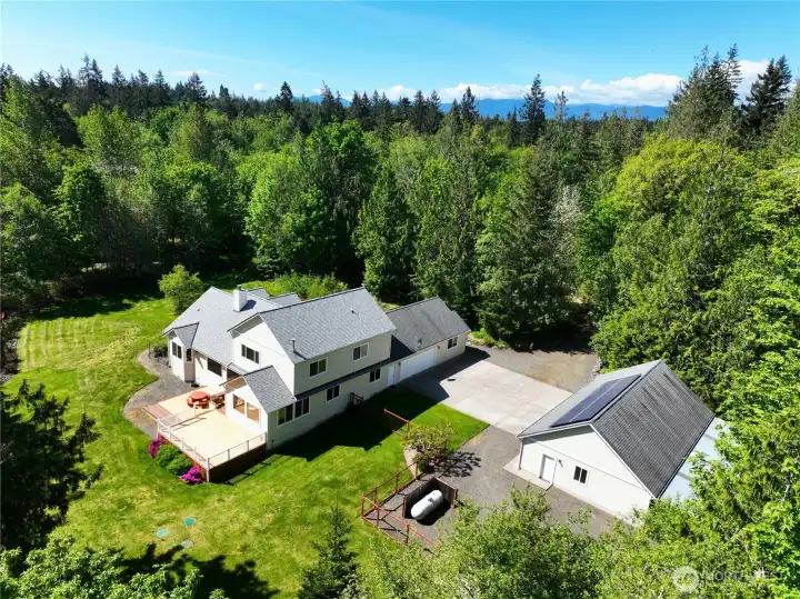 An aerial view of the home looking west.