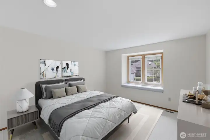 Upstairs bedroom in hallway. virtually staged