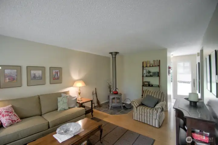 looking to the entry of the home, cozy wood stove.