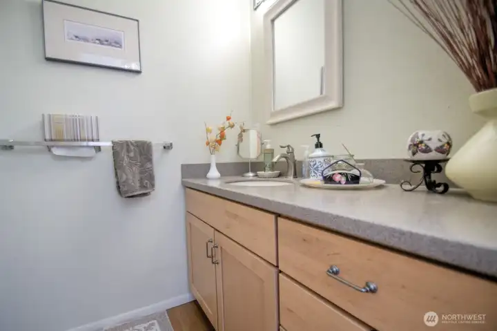 custom vanity with corinne counter/sink
