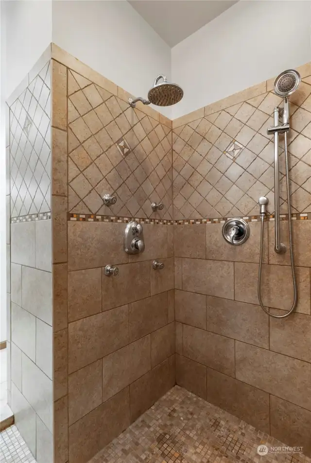 Large Tile Walk in Shower with Handheld Shower Head with Slide Bar, Separate Soft Rain Shower Head and four Body Spray Jets.