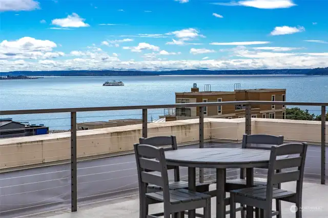 Amazing community rooftop deck offers the sweeping, quintessential Seattle views: Puget Sound, ferries, Olympic Mountains, Space Needle, city lights...it never gets old!