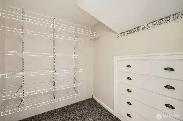 Inside the primary walk in closet with closet system and a built in dresser.