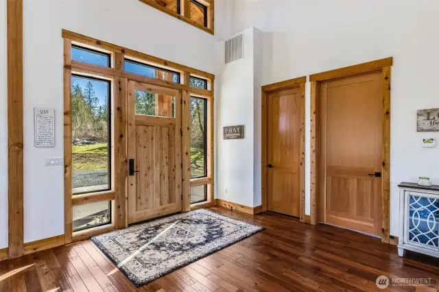 Front door is solid Knotty alder wood from a private PNW Mill