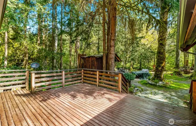 Large Deck extending from back of the cabin out to custom firepit