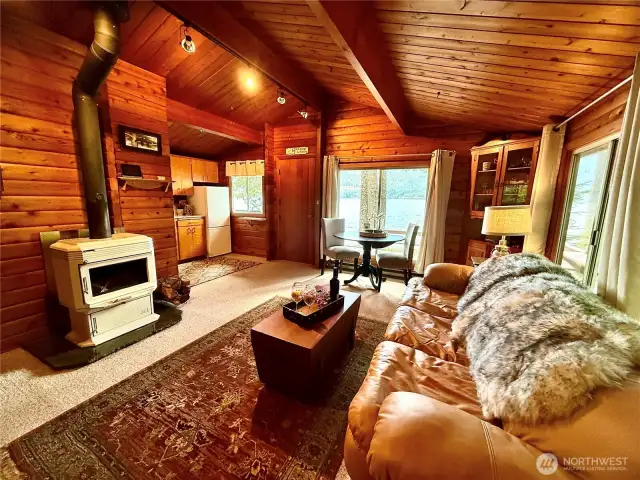 Cozy up to wood stove on chilly evenings.