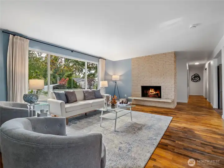 Living room and wood burning fireplace