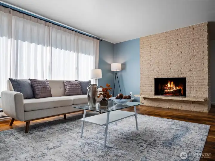 Living room and wood burning fireplace