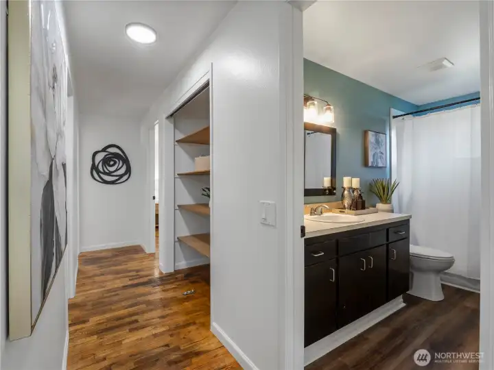 Full bathroom and closet space