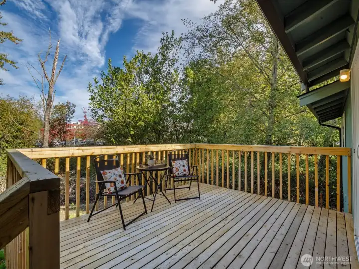 Back deck, leading into the partially fenced backyard.