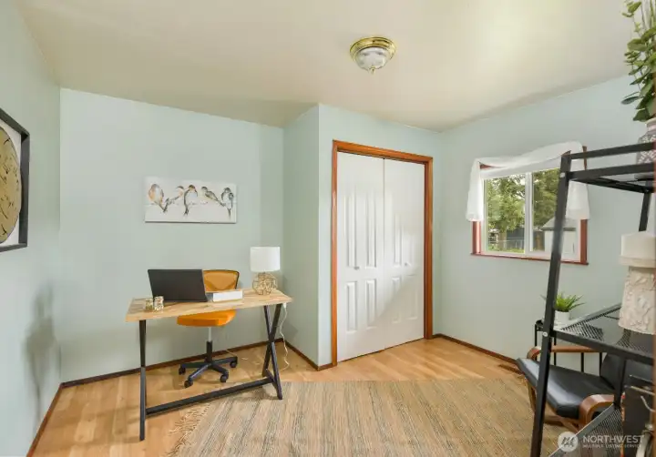 Right now the 2nd bedroom is being shown as an Office with room for desk, shelves and a big cozy leather chair for visitors