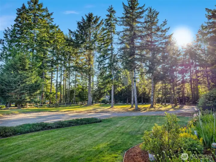Beautifully maintained grounds surrounded by mature trees, lush landscaping, and open green space.