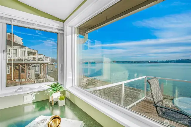 Picture windows wrap around the kitchen to take in the full view with Mt Rainier in the distance.