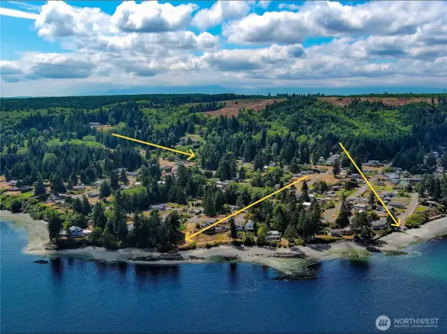 Top left arrow points to the lot, directly below is the community beach park and to the right is the community boat ramp.