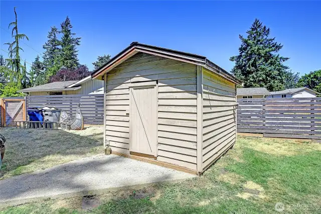 Handy garden shed in backyard.