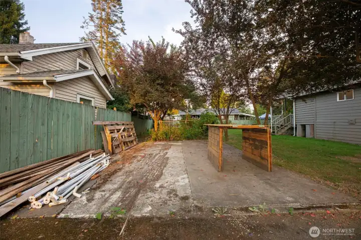 Concrete pad in back yard.