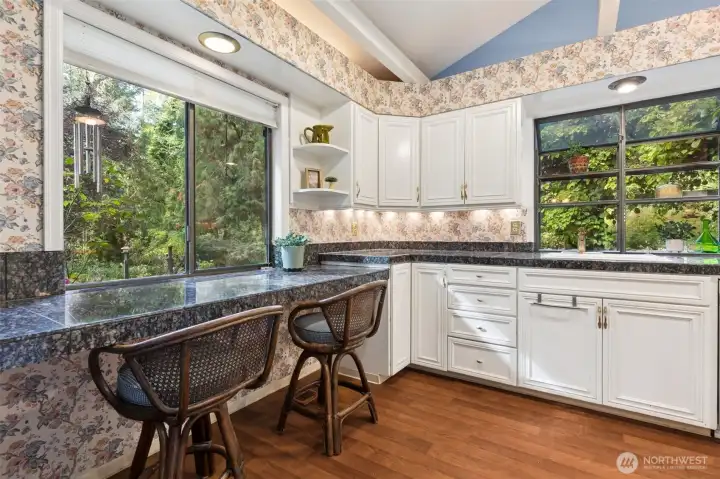Breakfast bar in the kitchen w/a view to the side yard.