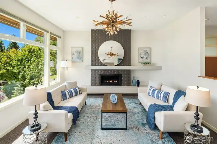 Sunny western facing living room with custom tile and light and bright interior