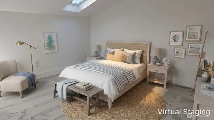 Upstairs bedroom with vaulted ceiling and overhead skylight, bringing in natural light and creating an open, airy retreat.