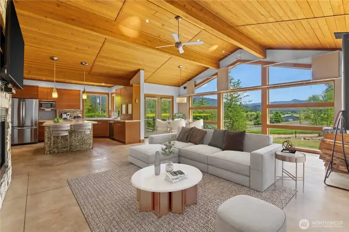 Great room and kitchen virtually staged