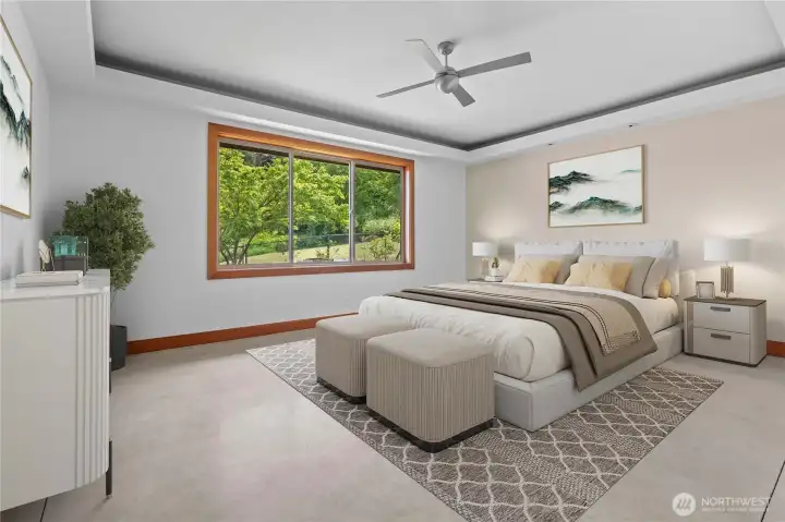 Main floor primary suite virtually staged