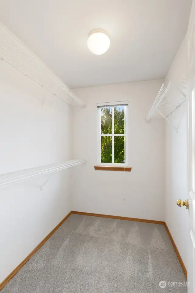 Say goodbye to clutter! This spacious walk-in closet offers ample shelving and natural light to help you stay organized.