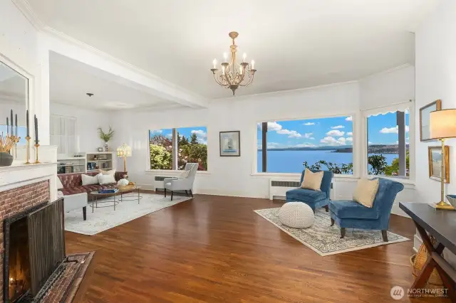 Living Room overlooks the Puget Sound and Olympic Mountains