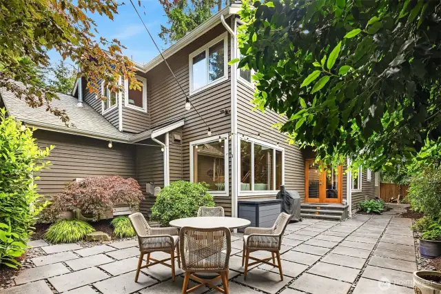 Outdoor Zen tranquility: stylish pavers, and one of two water features.