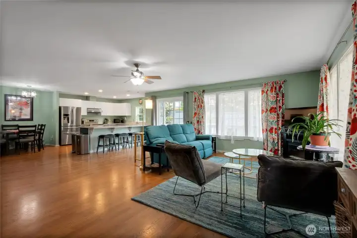 Wide open living room that combines with the kitchen to function more as a great room.