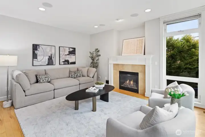 Living room with gas fireplace.