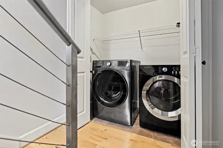 Laundry is on the stairwell. Dont miss the half bath that is on the next landing up.