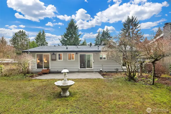 An open backyard with patio space that invites outdoor dining, gardening, or quiet time outdoors.